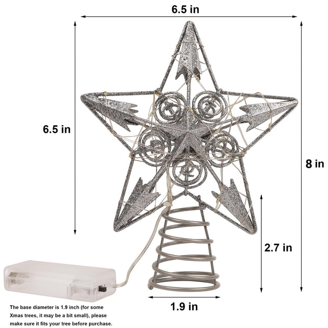 Juegoal Star Tree Topper with 20 LED Lights, Metal Silver Lighted Treetop Ornaments, Battery Powered Light Up Christmas Tree Decorations, 6.5 x 6.5 Inches