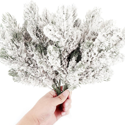 20PCS Frosted Artificial Pine Needles Branches 10.6 Inches Christmas Fake Snowy Pine Picks Twigs Winter Sprays Greenery Stems for Christmas Tree DIY Garlands Wreaths Crafts Home Holiday Decorations