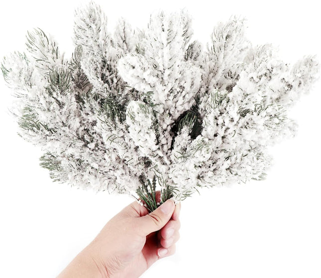 20PCS Frosted Artificial Pine Needles Branches 10.6 Inches Christmas Fake Snowy Pine Picks Twigs Winter Sprays Greenery Stems for Christmas Tree DIY Garlands Wreaths Crafts Home Holiday Decorations
