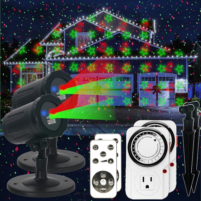 Christmas Projector Laser Lights for House - Timer Outlet and Remote Included - 18 Patterns - Red and Green (2pc)