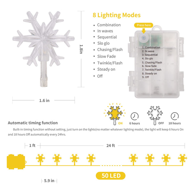 WATERGLIDE 2 Pack Christmas Snowflakes Lights, 50LED 24FT Outdoor Xmas Decorative String Lights, 8 Lighting Modes & Timer, Battery Operated Waterproof for Bedroom Party Garden Home Decor, Warm White