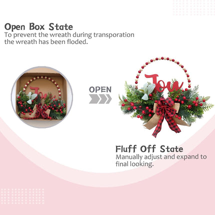 Tempus 16” Christmas Wreaths for Front Door Wooden Beads Welcome Decoration Wreath with Pine Needles Berries Bow Farmhouse Welcome Sign for Home,Farmhouse, Holiday Party, Interior Decoration