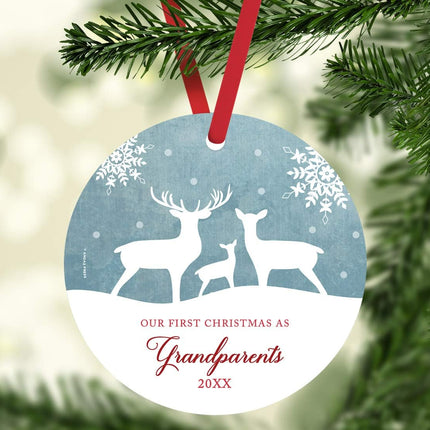 Andaz Press Family Metal Christmas Ornament, Our First Christmas As Grandparents , Rustic Deer Winter Snowflakes, 1-Pack, Includes Ribbon and Bag Grandparents Ornament