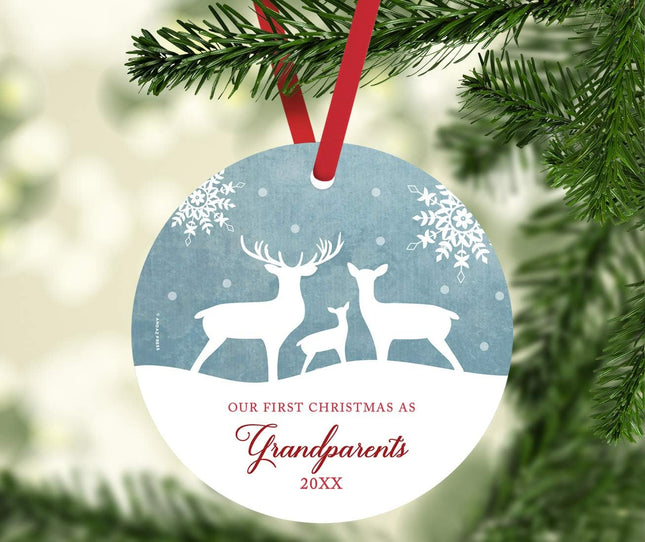 Andaz Press Family Metal Christmas Ornament, Our First Christmas As Grandparents , Rustic Deer Winter Snowflakes, 1-Pack, Includes Ribbon and Bag Grandparents Ornament