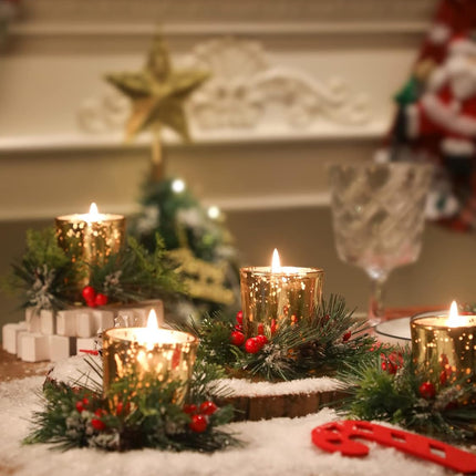 Christmas Candle Ring, 4 Pcs Votive Candle with Red Berry Pinecone, Xmas Ring Candle for Table Centerpiece Decoration Wedding Holiday,Gold