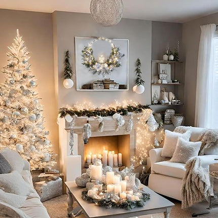 prelit Christmas Hoop Wreath with Lighted House,Farmhouse Winter Wreath with Lights,16inch Silver White Christmas Wreath for Front Door, Winter Xmas Holiday Porch Decor,Modern Mantel Decoration