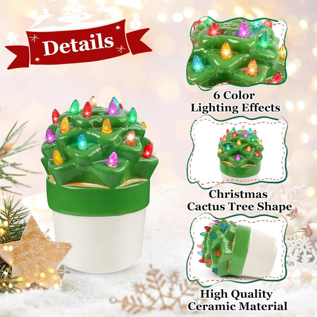 2 Pcs Ceramic Christmas Tree, Vintage Christmas Cactus Tree with Multicolored Lights, 6in Tabletop Green Ceramic Light Up Christmas Tree - Christmas Stocking Stuffers for Women