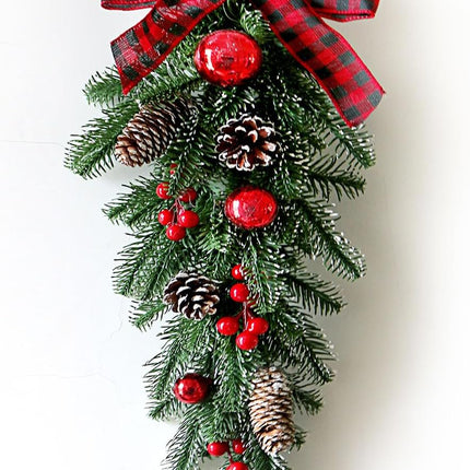 Christmas Teardrop Swags, 23.6 inch Cedar Swag with Bowknot, Red Berries and Pinecone, Winter Pine Needles Swag Greenery for Wall Xmas Table Door Deco