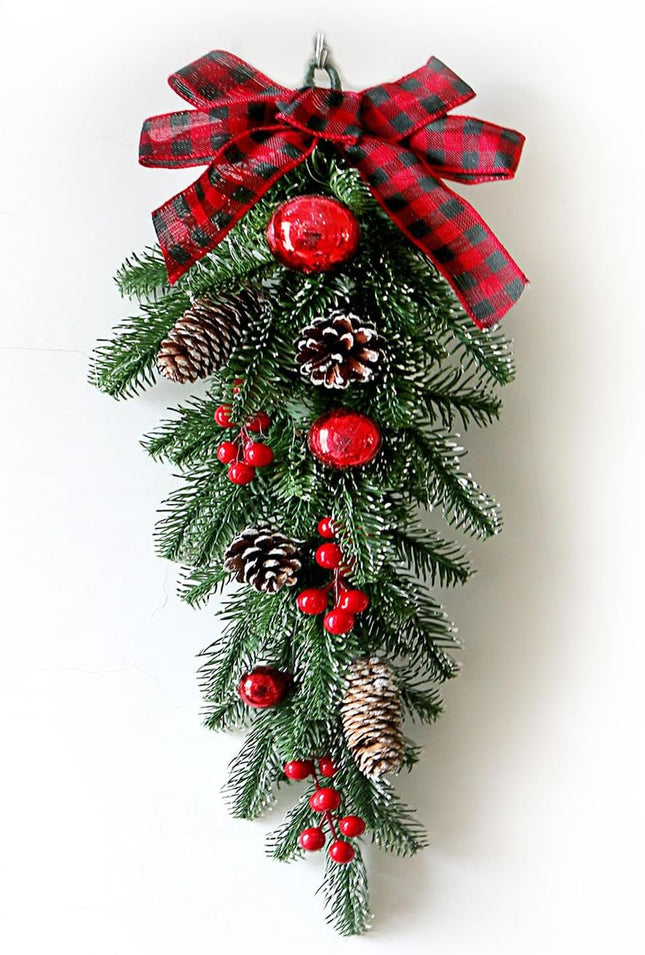 Christmas Teardrop Swags, 23.6 inch Cedar Swag with Bowknot, Red Berries and Pinecone, Winter Pine Needles Swag Greenery for Wall Xmas Table Door Deco