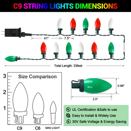 HAYATA C9 Bulbs Christmas Lights 50 LED 36ft Strawberry String Light Red&White&Green - Fairy Lighting for Outdoor, Indoor, Garden, Yard, Party, Home, Wreath, Garland, Christmas Tree Decorations