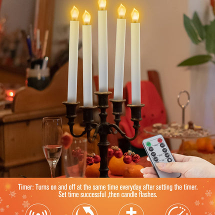 RONXS Window Candles, Flameless Taper Candles with Timer, Christmas Home Wedding Decor Battery Operated Flickering LED Candles with Remote Controls, Gold Candle Holders (B-6pcs Gold)
