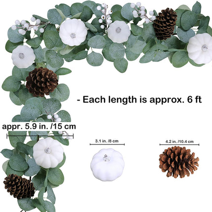 Winlyn 2 Pack White Pumpkin Garland Artificial Eucalyptus Garland with White Pumpkins Pinecones Berries Fall Foliage Garland for Wedding Arch Backdrop Thanksgiving Table Runner Farmhouse Décor