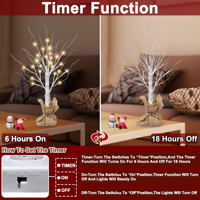 [ 2 Pack & Timer ] TURNMEON Prelit Lighted Birch Trees with 48 LED Warm White Lights DIY Burlap, Battery Operated Artificial Tabletop Christmas Tree for Home Indoor Holiday Xmas Christmas Decorations