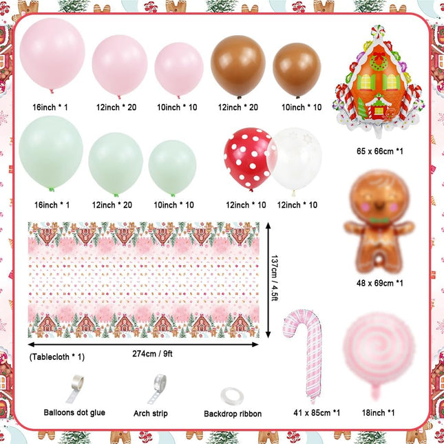 120PCS Christmas Balloon Garland Arch Kit Decorations Pink Green Gingerbread Christmas Balloon Garland with Tablecloth Candyland Candy Cane Christmas Xmas Cookie Holiday Party Decorations