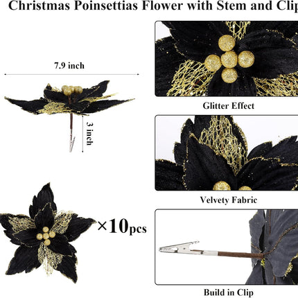 SHACOS 10 pcs 7.8" Artificial Black Gold Christmas Poinsettia Flowers Clips on Glittery Velvet Floral Picks Christmas Tree Ornaments Wreath Garland Decoration