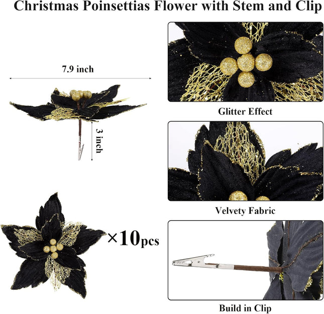 SHACOS 10 pcs 7.8" Artificial Black Gold Christmas Poinsettia Flowers Clips on Glittery Velvet Floral Picks Christmas Tree Ornaments Wreath Garland Decoration