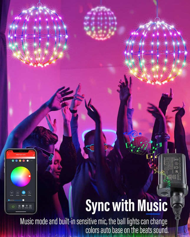 Smart RGB Christmas Hanging Ball Lights - 12 in 108LED Outdoor Color Changing Decorations Lights,Bluetooth APP Remote Control Dimmable Waterproof Globe Fairy Lights