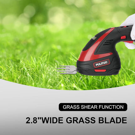 PULITUO 12V Cordless Handheld Grass Shear and Shrub Trimmer, 2-in-1 Hedge Trimmer That Comes with 2 PCS 2.0Ah Li-Ion Batteries and a Fast Charger Included.