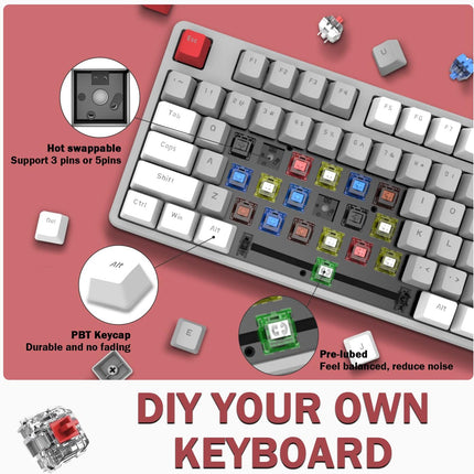 A.JAZZ AK873 Wired 87 Key TKL Retro Color Mechanical Gaming Keyboard with Rainbow Backlit Hot-swap Linear Red Switch NKRO Gasket Custom Coiled Aviator C to A Cable for Win/PC/Mac Gamer(White Gray)