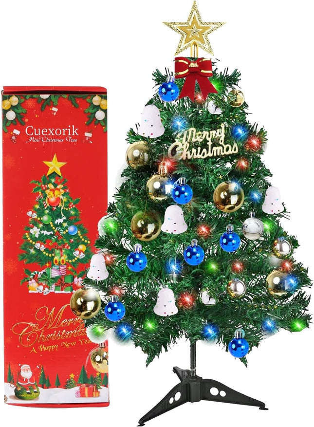 Mini Christmas Tree with Lights,Tabletop Christmas Tree, 2Ft Green Christmas Tree with Boxes for DIY Christmas Decorations(Bells, Christmas Balls,Star) Xmas Home Party Decor