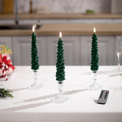 4 Pack Christmas Tree Candles with Remote, 9.65 Inch Real Wax flameless Taper Candles, LED Candles Battery Operated with 3D Flickering Flame, Green Candlesticks Christmas Decor
