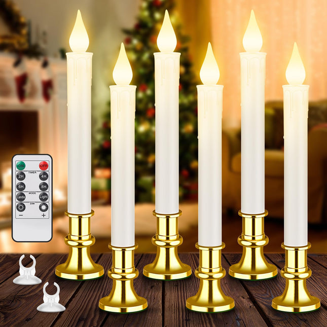 Christmas Window Candles Battery Operated with Timer Remote, Flameless LED Candle Lights with Gold Removable Candlesticks and Suction Cups, White Cordless Candles for Windows Table Decoration