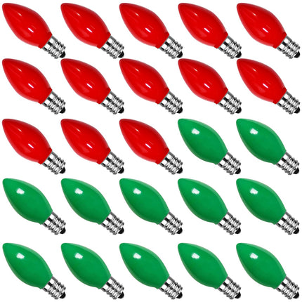 25 Pack C7 Christmas Red and Green Lights Replacement Ceramic Bulbs, Christmas Red Light Bulbs Green Light Bulbs for Christmas Day、Party and Wedding Decoration, E12 Candelabra Base, 5 Watts