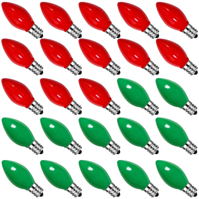 25 Pack C7 Christmas Red and Green Lights Replacement Ceramic Bulbs, Christmas Red Light Bulbs Green Light Bulbs for Christmas Day、Party and Wedding Decoration, E12 Candelabra Base, 5 Watts