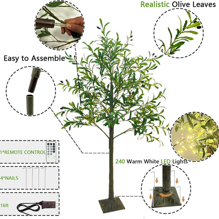 6FT Artificial Lighted Olive Tree with 240 LED Warm White Lights - Indoor and Outdoor Decorative Lighting for Christmas Weddings and Home Holidays