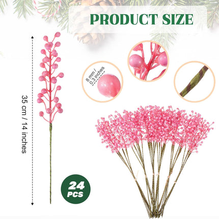 24 Pack Christmas Berry Stems 14 Inch Artificial Berry Picks Xmas Holly Berry Stem Branches for Christmas Tree Ornament Wreath Vase DIY Craft Christmas Home Decor(Pink)