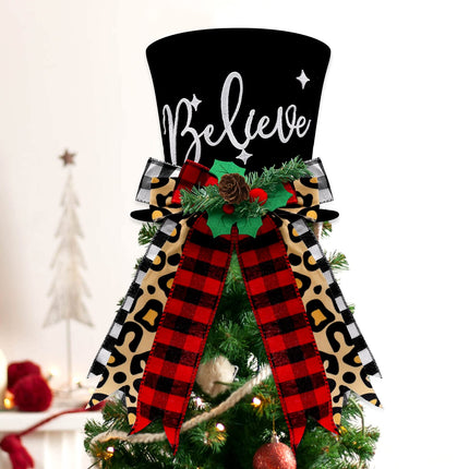 Buffalo Plaid Christmas Tree Topper Top Hat with Handmade Leopard Black and Red Check Bows Xmas Believe Ornament Winter Holiday Santa Home Decoration Wreath Festive Ideas Supplies