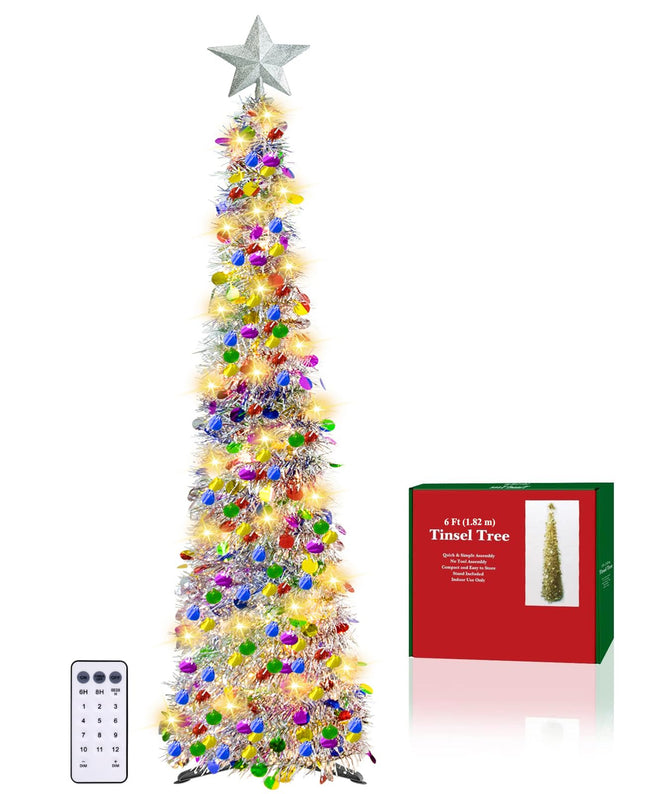 6FT Pop up Christmas Tree with 100 LED Multi-Colored Lights, Artificial Tinsel Xmas Tree, Battery Operated Pencil Tree Christmas Decoraitons Indoor Outdoor for Holiday Home Party Decorations (Silver)