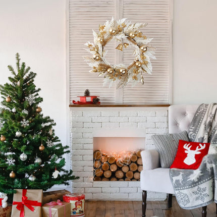 20" Gold Christmas Wreaths for Front Door, Gold Berry Leaves Bells Balls Xmas Wreath with White Fake Pampas Grass, Door Reef for Windows Fireplaces Walls, Front Porch Indoor and Outdoor