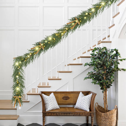 YoleShy 6FT Real Touch Norfolk Pine Garland Christmas Garland with Bell Battery Operated Prelit Garland Christmas Decorations for Mantle Fireplace Xmas Garland Home Decor