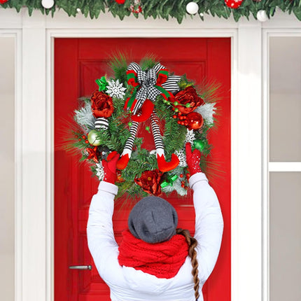 GAOMON 24 Inch Pre-lit Christmas Wreath for Front Door, Red Green Battery Operated Xmas Wreath with 20 LED Lights, Elf Legs Boot, Ball Ornaments, Flowers & Ribbon Bows for Home Holiday Decor