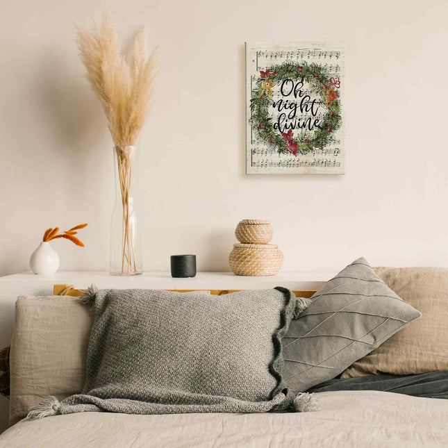 TLESKE Vintage Winter Christmas Carol Oh Night Divine Wall Art Decor, Retro Christian Christmas Song Canvas Wall Art Print for Bedroom Living Room, Christmas Wreath Music Notes Wall Artwork Picture, 11x14in