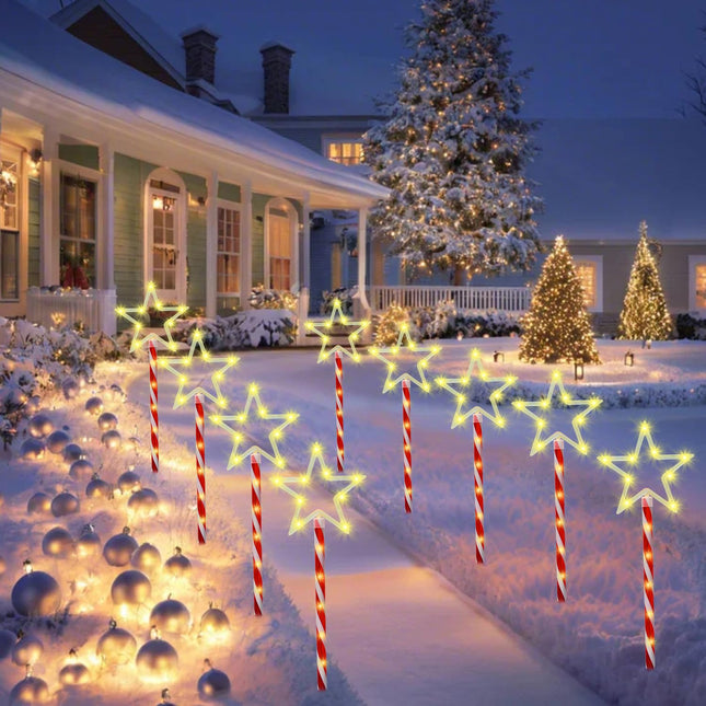 Christmas Decorations Warm White Star Lights Solar Garden Lights, Outdoor Waterproof Landscape Path Lights with Red Stake, 8 Pack 120 LED Solar Outside Christmas Lights for Yard Pathway Lawn Decor