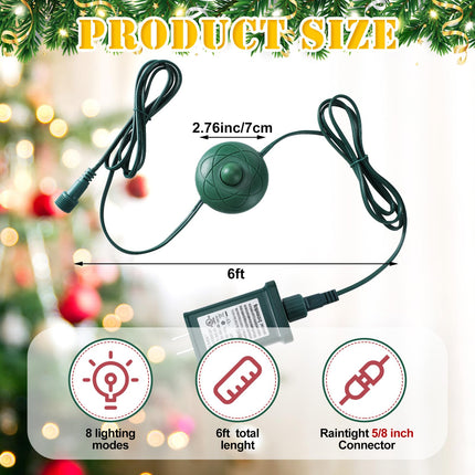 6 ft Power Cord with UL Certification LED Transformer 8 Light Modes for Christmas Tree Light Raintight Foot Switch 5/8 Inch Plug Compatible Replacement Holiday Light Connector for LED String Holiday