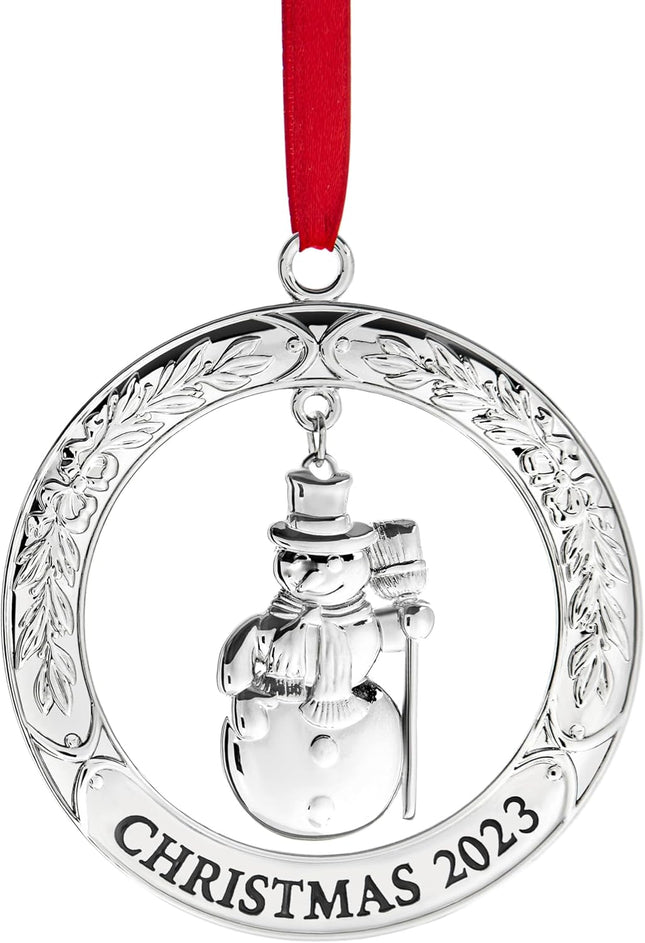 Klikel Christmas Ornament - Shiny Silver Christmas Ornament Wreath with Snowman - Dated Christmas Ornament - Ornament for Christmas Tree - Snowman Ornament for Holidays