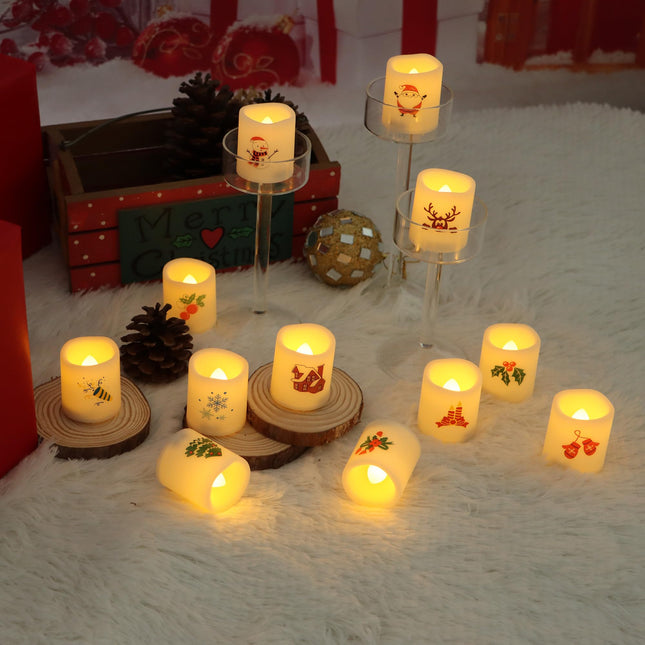 Magiq 12 Pack Flameless Votive with Santa Snowman Reindeer Battery Operated LED Candles Flickering Electric Fake Tealights Set Warm White for Christmas Home Party Decor