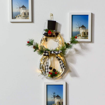 Artiflr 16 x 8 Inch Lighted Christmas Wreath Decoration, Grapevine Wreath with Hat and Bow Snowman Shape Wreath for Front Door Home Wall Decor (White)