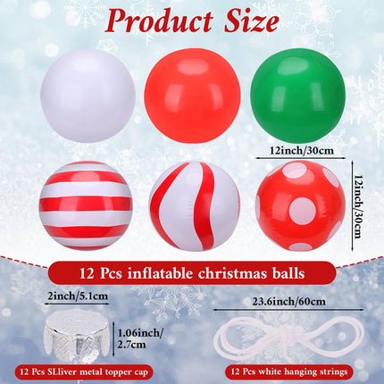 12 Pack Inflatable Christmas Ball Inflatable Christmas Ornaments 12 Inch PVC Inflatable Christmas Balls Hanging Blow up Ball for Christmas Tree Outdoor Yard Garden Porch Door Decorations