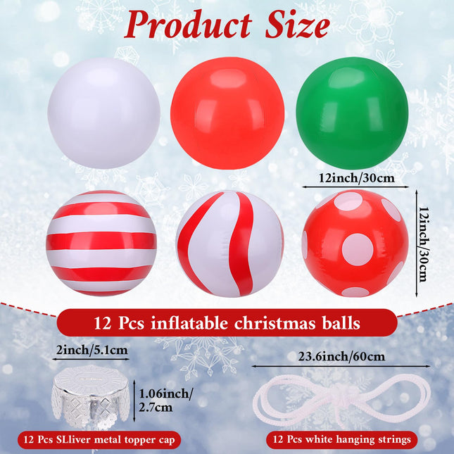 12 Pack Inflatable Christmas Ball Inflatable Christmas Ornaments 12 Inch PVC Inflatable Christmas Balls Hanging Blow up Ball for Christmas Tree Outdoor Yard Garden Porch Door Decorations