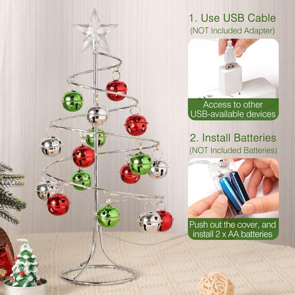 Lewondr Christmas Table Lamp, USB/Battery Powered Spiral Christmas Tree Desk Lamp with Star Topper, Decorative Christmas Tree Light with Red/Green Hanging Bells for Home Bedroom Xmas Party, Red/Green
