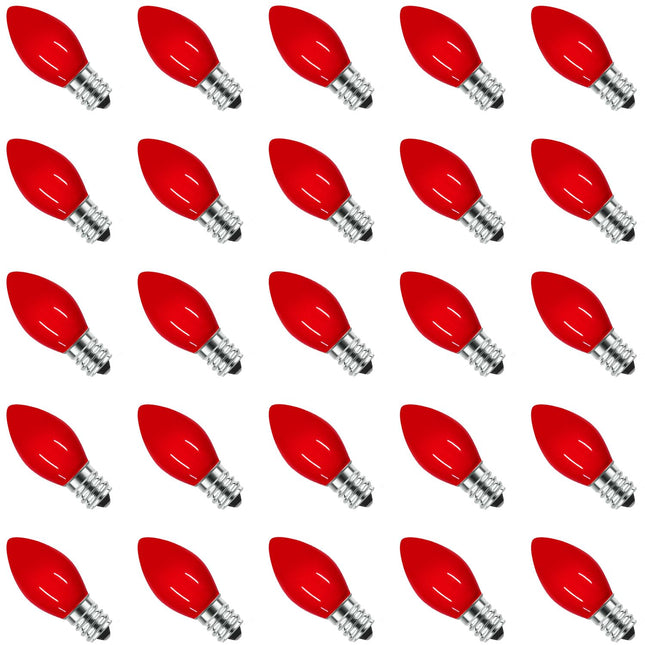 25 Pack Red LED Light Bulbs C7 Replacement Bulbs - LED Glass Opaque Red Bulbs for Christmas Tree Garland Decor, Christmas Lights Replacement Bulbs for Home Yard Porch Stair, E12 Base, 0.6W