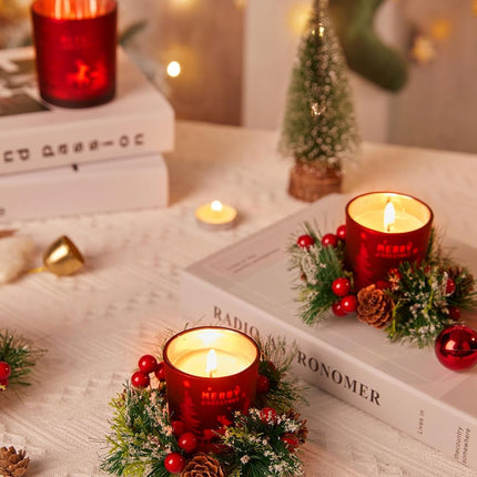 Christmas Votive Candle Holders: Candle Wreaths Rings with Red Berry and Pinecone Elk Glass Set of 4 for Christmas Home Table Centerpiece