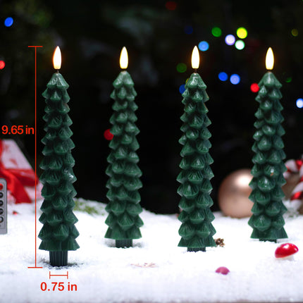 4 Pack Christmas Tree Candles with Remote, 9.65 Inch Real Wax flameless Taper Candles, LED Candles Battery Operated with 3D Flickering Flame, Green Candlesticks Christmas Decor