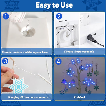 24'' Hanukkah LEDs Lighted Birch Tree with 12pcs Ornaments,Blue Lights Tabletop Pre Lit Tree Light for Christmas Hanukkah Decor