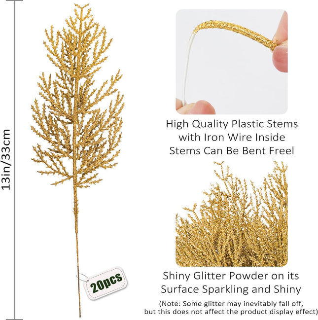 RECUTMS Faux Greenery Stems Glitter Artificial Cedar Branches Plastic Pine Needles for Decorating 20 Pcs DIY Garland Wreath Christmas Outdoor Garden Indoor Party Decor (Gold)