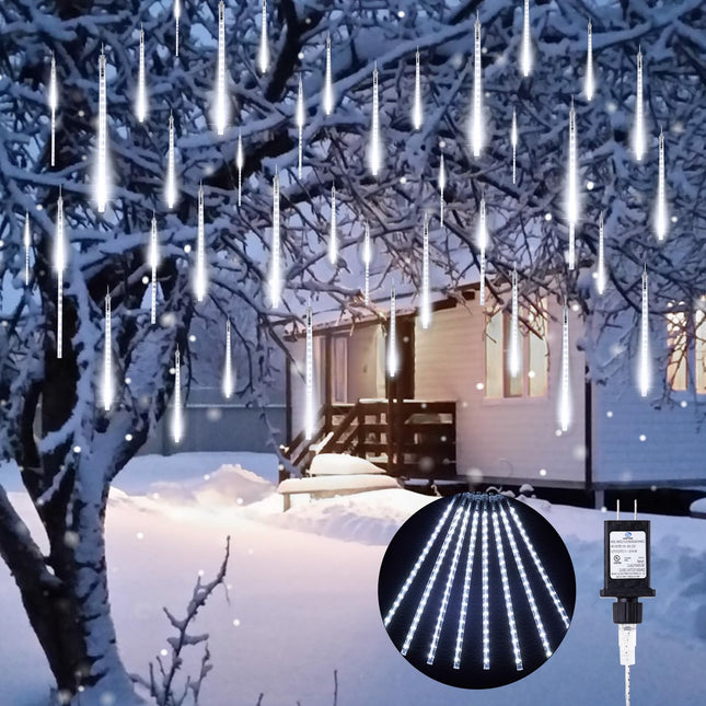 Minetom Meteor Shower Lights Outdoor, 16 Inch 2 Pack Total 16 Tubes 576 LED Icicle Lights, Waterproof Meteor Christmas Lights Outdoor, Falling Rain Lights for Tree Holiday Christmas Decoration, White
